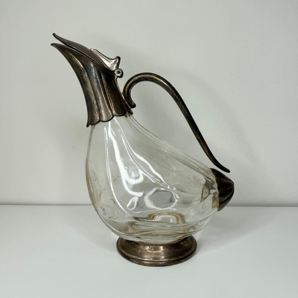 Vintage Glass Claret Jug Silver Tone Hinged Lid Footed Wine Decanter Pitcher